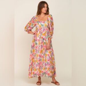 Pink Floral Shimmer Chiffon Square Neck 3/4 Sleeve Maxi Dress Size S
